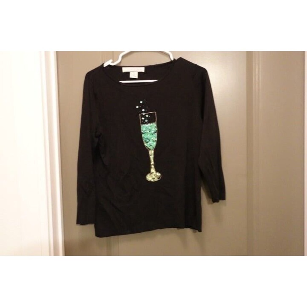 VTG Lucia Burns Champagne Glass Top 3/4 Sleeve Party Sparkly Shirt size L‎